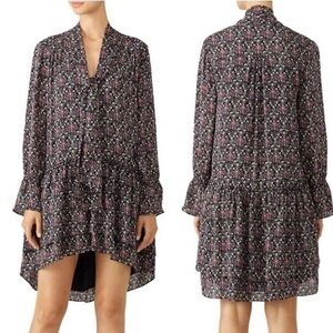 Joie Jamira 100% Silk Floral Print Boho  Tiered Dress Sz XS Long Sleeve Tie Neck